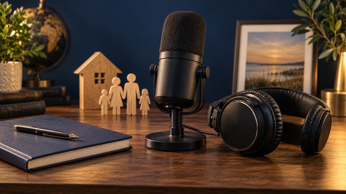 Podcast microphone and headphones beside a planning notebook and wooden family and house figures