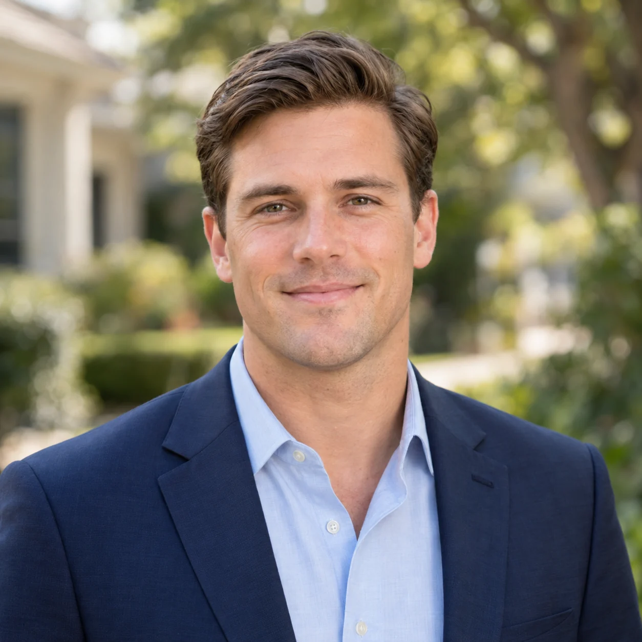 Illustrative portrait of a young man in a navy blazer